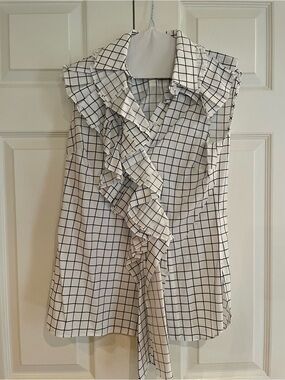 MONSE White and Black Grid Ruffle Sleeveless Blouse